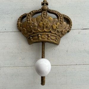 Vintage Cast Iron Crown Wall Hook in Gold and White